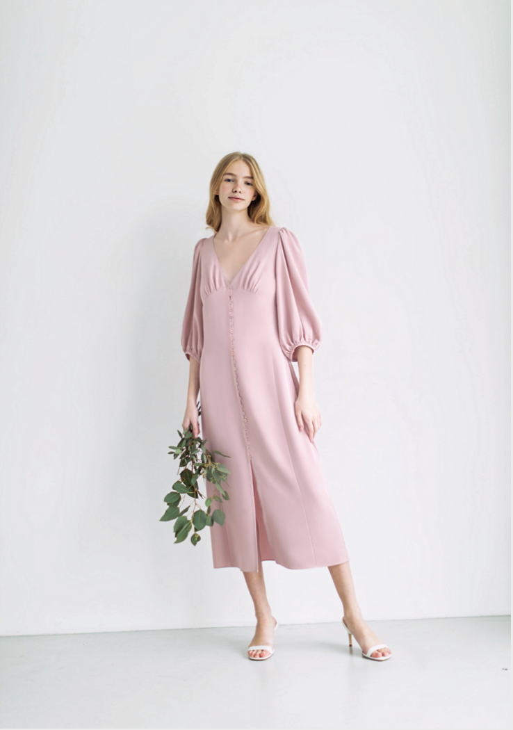 Midi Eucalyptus Dress With Voluminous Sleeves