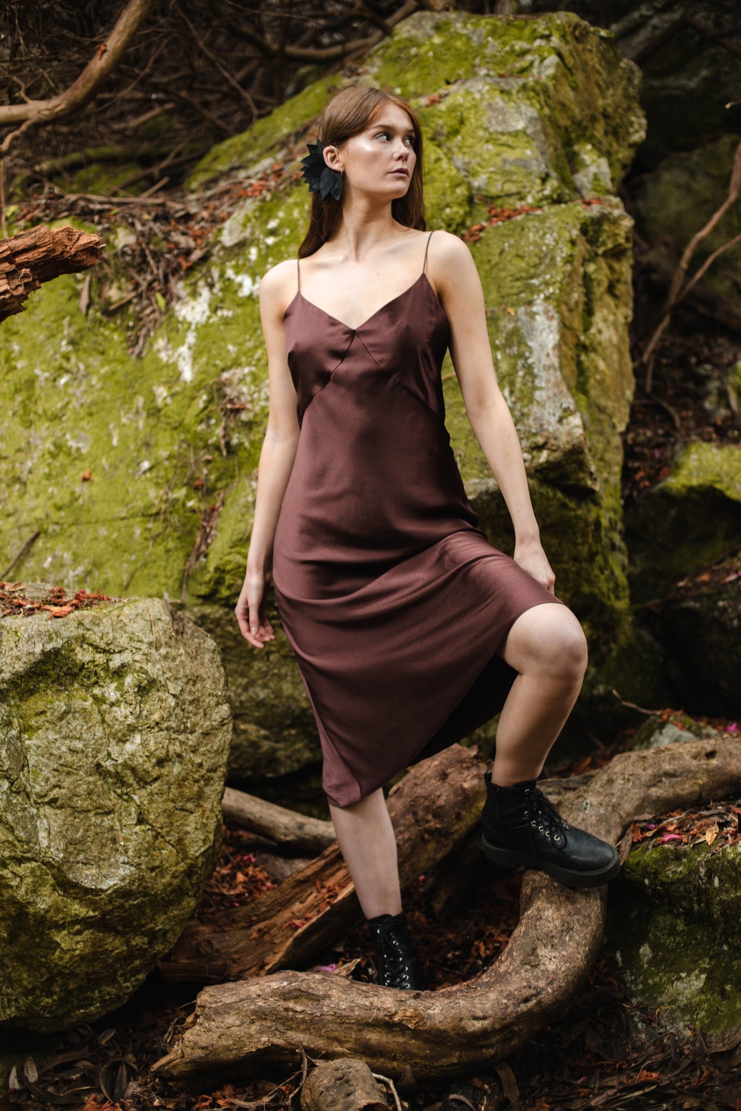 Chocolate organic peace silk midi slip dress