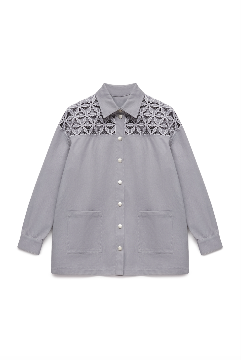 Organic Denim Light Grey Shirt with Cutwork Embroidery