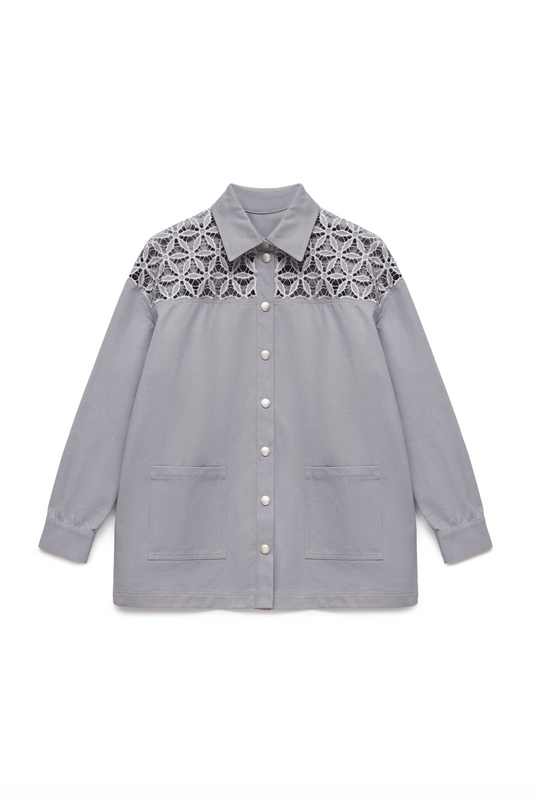 Organic Denim Light Grey Shirt with Cutwork Embroidery