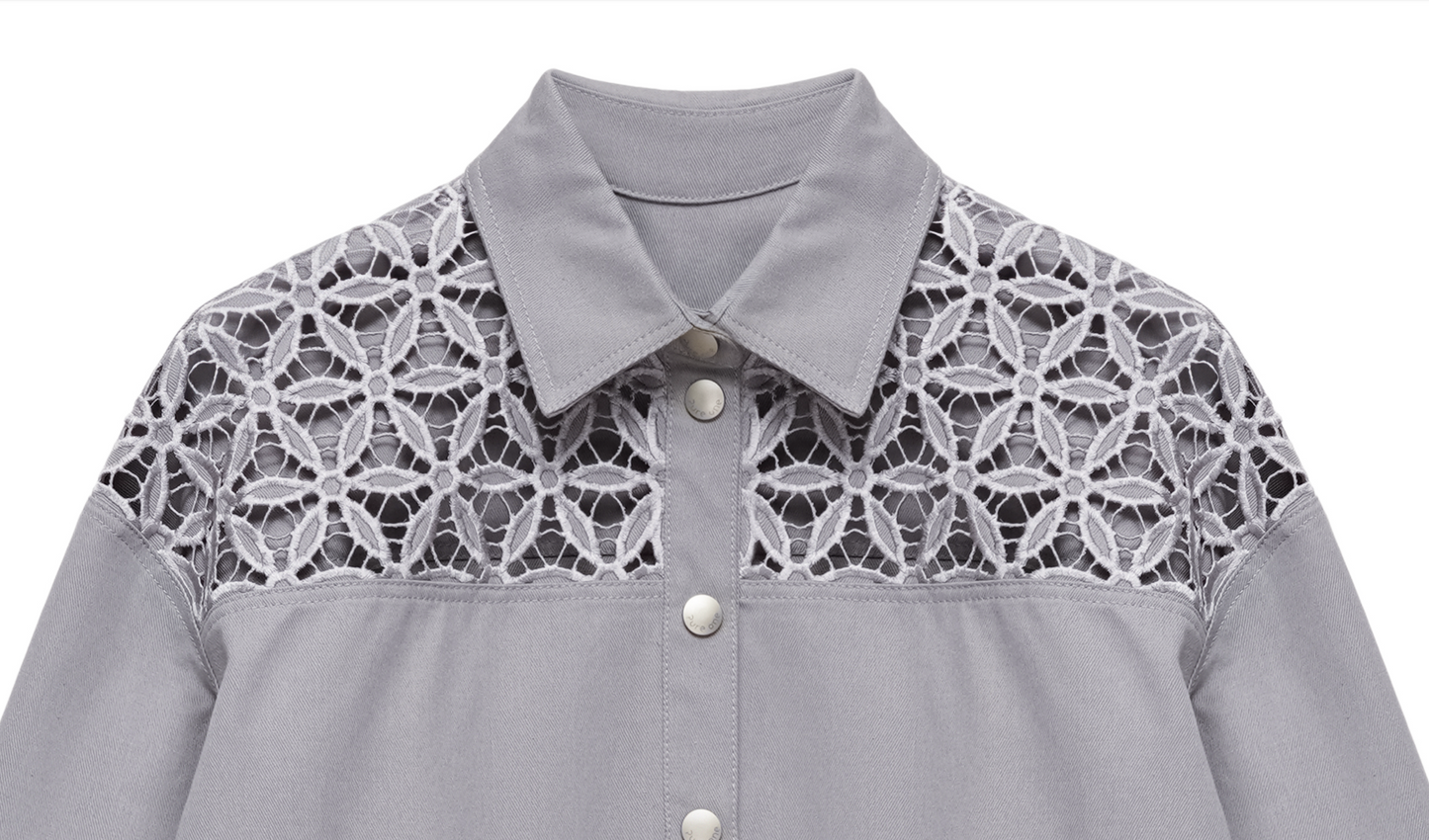 Organic Denim Light Grey Shirt with Cutwork Embroidery