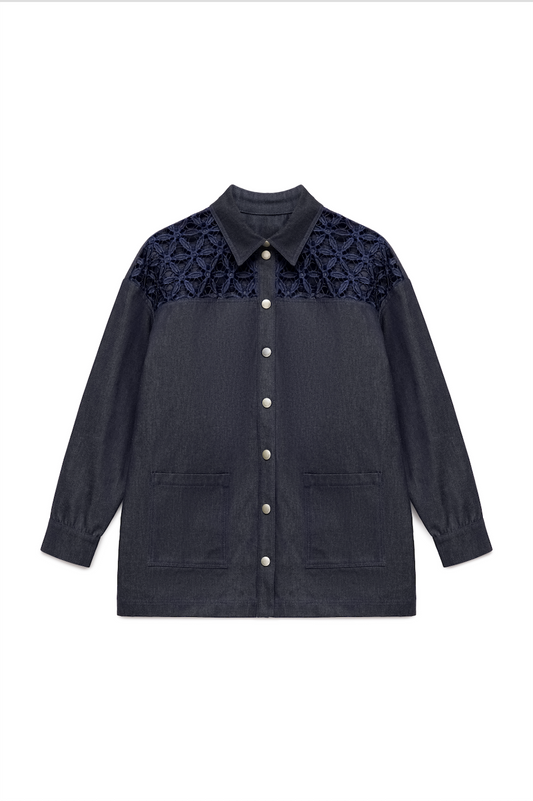 Blue Organic Denim Shirt with Cutwork Embroidery