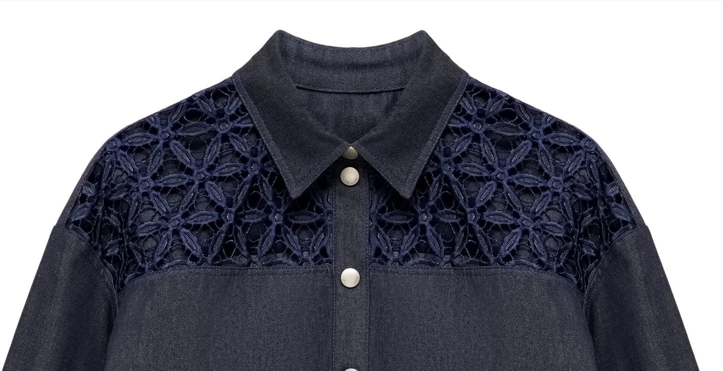 Blue Organic Denim Shirt with Cutwork Embroidery