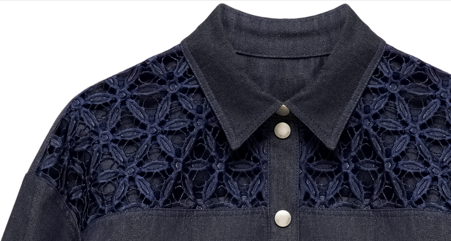 Blue Organic Denim Shirt with Cutwork Embroidery