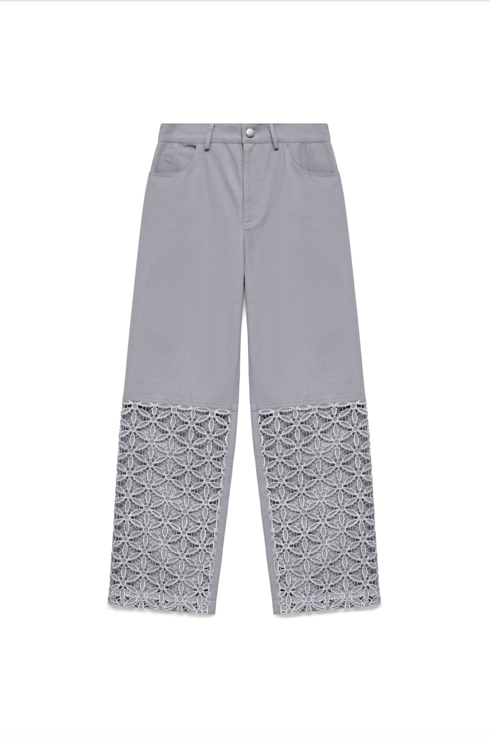 Organic Denim Light Grey Trousers with Cutwork Embroidery