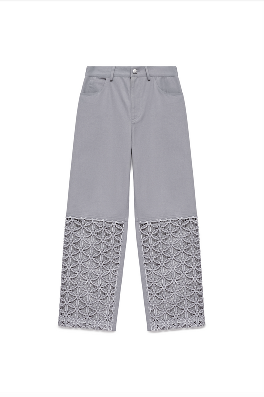 Organic Denim Light Grey Trousers with Cutwork Embroidery