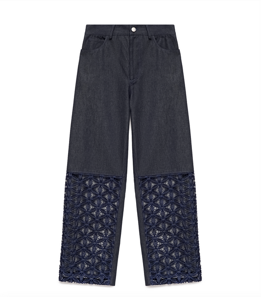 Navy Organic Denim Trousers with Cutwork Embroidery